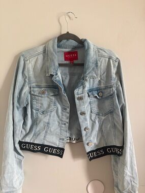 GUESS Light Wash Denim Jacket with Black Branded Hem